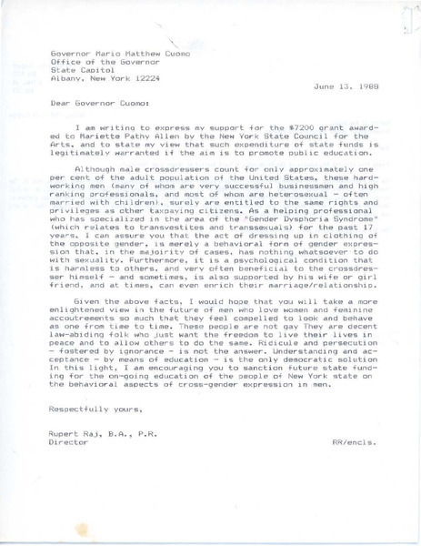 Download the full-sized image of Letter from Rupert Raj to Governor Mario Matthew Cuomo (June 13, 1988)