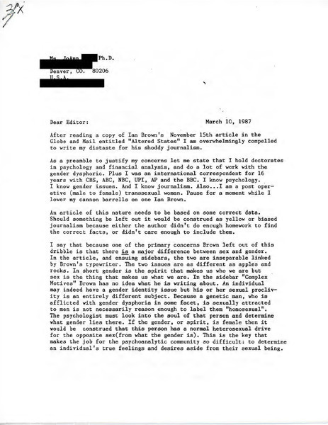 Download the full-sized PDF of Letter from Dr. JoAnn Cone to Editor of Globe and Mail (March 10, 1987)