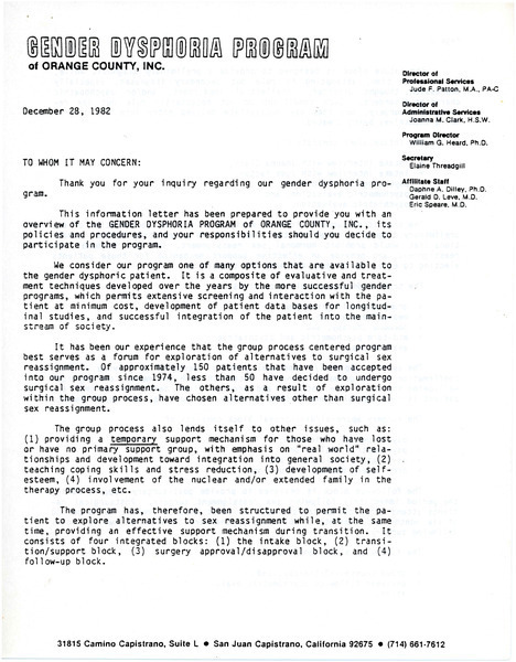 Download the full-sized image of Letter from the Gender Dysphoria Program of Orange County, Inc. (December 28, 1982)
