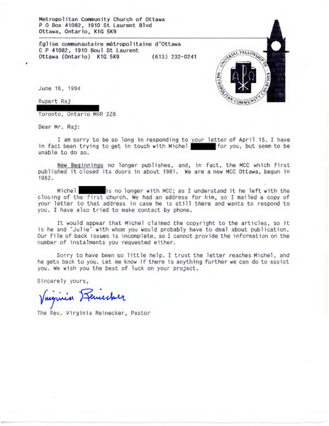 Download the full-sized image of Letter from Rev. Virginia Reinecker to Rupert Raj (June 16, 1994)