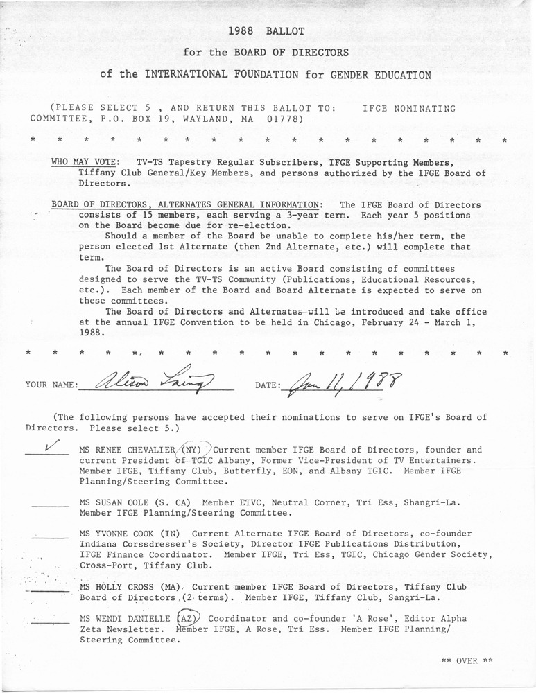 Download the full-sized PDF of 1988 Ballot for the Board of Directors of the International Foundation for Gender Education