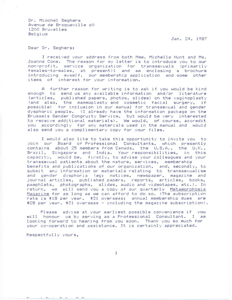Download the full-sized PDF of Letter from Rupert Raj to Dr. Michel Seghers (January 24, 1987)
