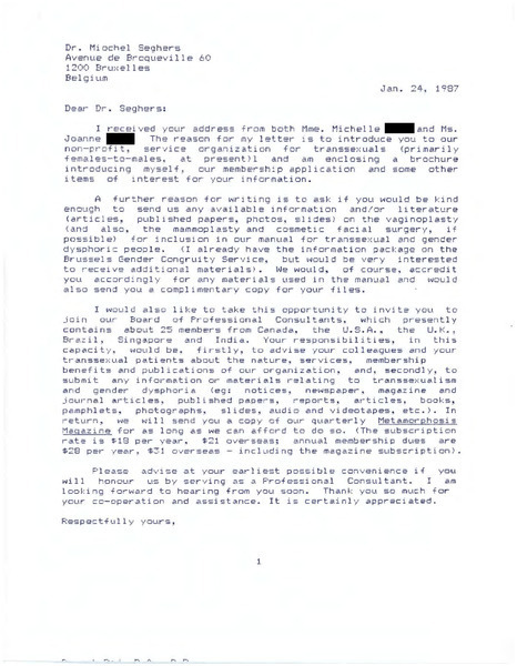 Download the full-sized PDF of Letter from Rupert Raj to Dr. Michel Seghers (January 24, 1987)