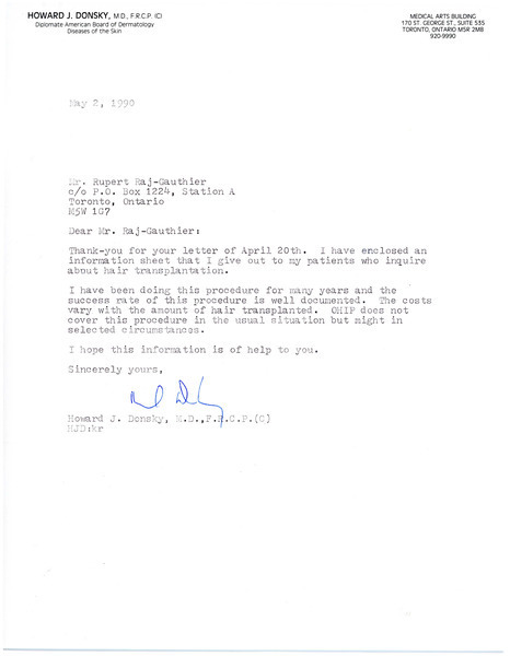 Download the full-sized image of Letter from Howard J. Donsky to Rupert Raj (May 2, 1990)