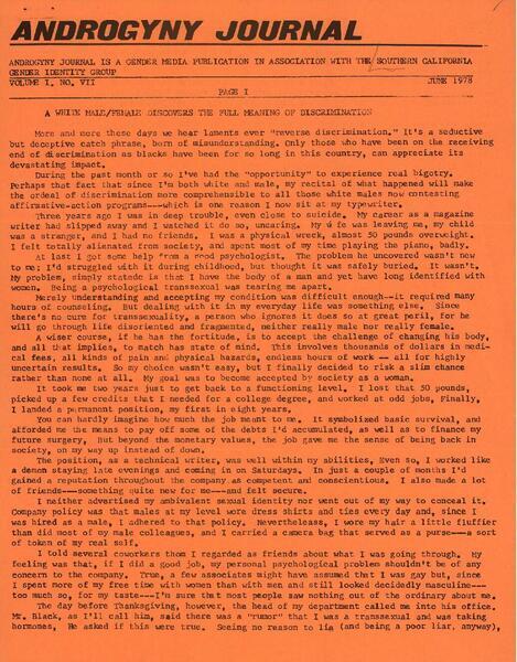 Download the full-sized image of Androgyny Journal, Volume 1, Number 7, June 1978