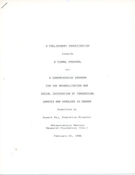 Download the full-sized image of Preliminary Investigation Towards a Formal Proposal for a Comprehensive Program for the Rehabilitation and Social Integration of Transsexual Inmates and Parolees in Canada