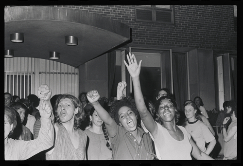 Download the full-sized image of Photograph of Sylvia Rivera and Other Protesters in Front of Weinstein Hall