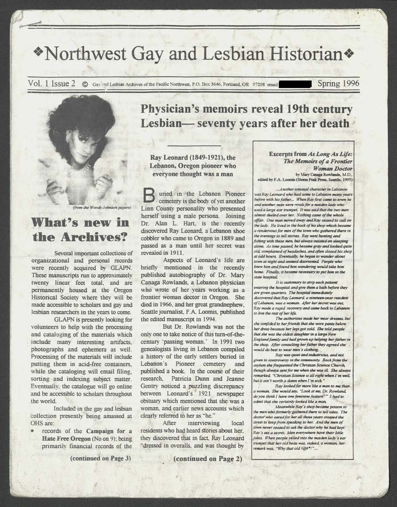 Download the full-sized PDF of Northwest Gay and Lesbian Historian Vol. 1 Issue 2, Spring 1996