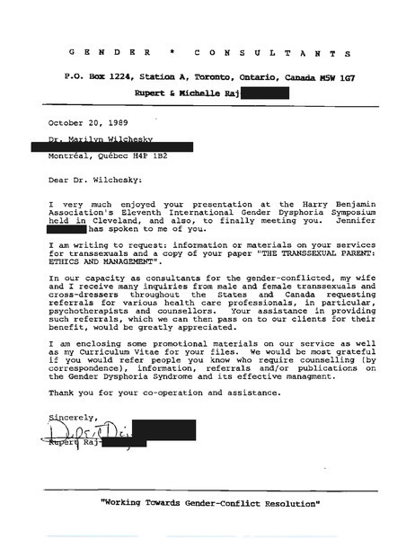 Download the full-sized image of Letter from Rupert Raj to Dr. Marilyn Wilchesky (October 20, 1989)