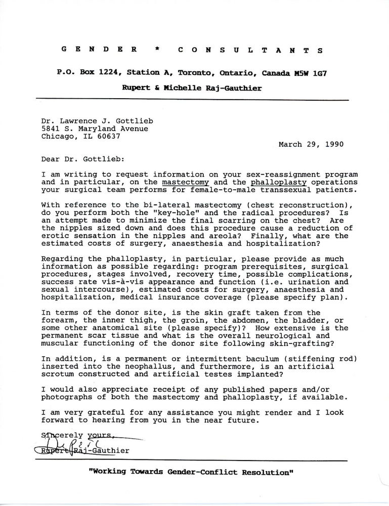 Download the full-sized PDF of Letter from Rupert Raj to Dr. Lawrence J. Gottlieb (March 29, 1990)