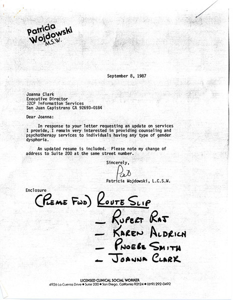 Download the full-sized image of Letter From Patricia Wojdowshi to Joanna Clark (September 8, 1987)