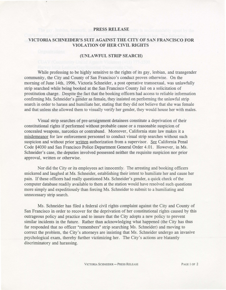 Download the full-sized PDF of Victoria Schneider civil rights lawsuit press release