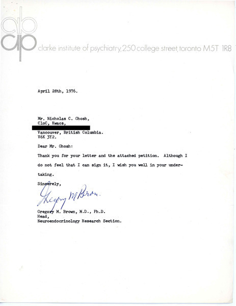 Download the full-sized image of Letter from Dr. Gregory M. Brown to Rupert Raj (April 28, 1976)