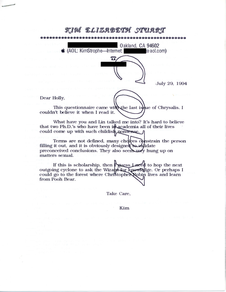 Download the full-sized PDF of Letter from Kim Elizabeth Stuart to Holly Devor (June 29, 1994)