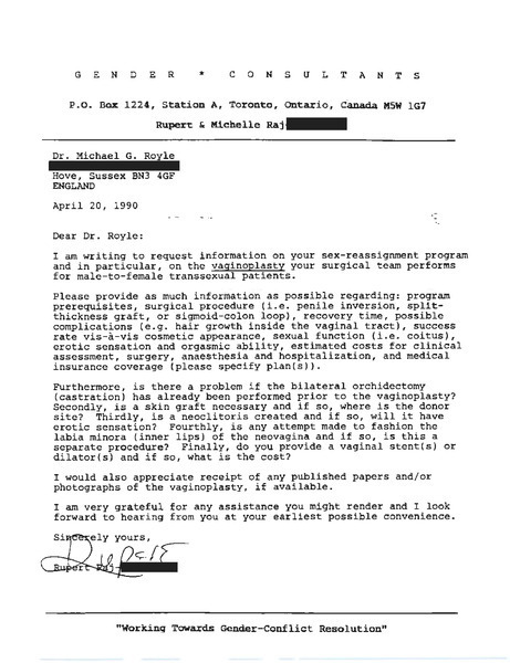 Download the full-sized PDF of Letter from Rupert Raj to Dr. Michael G. Royle (April 20, 1990)