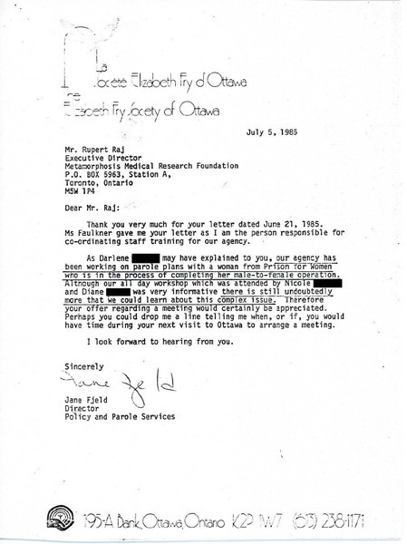 Download the full-sized image of Letter from Jane Fjeld to Rupert Raj (July 5, 1985)