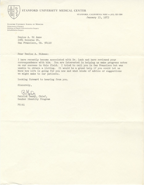 Download the full-sized image of Denise D'Anne's Correspondence with Gender Dysphoria Clinic