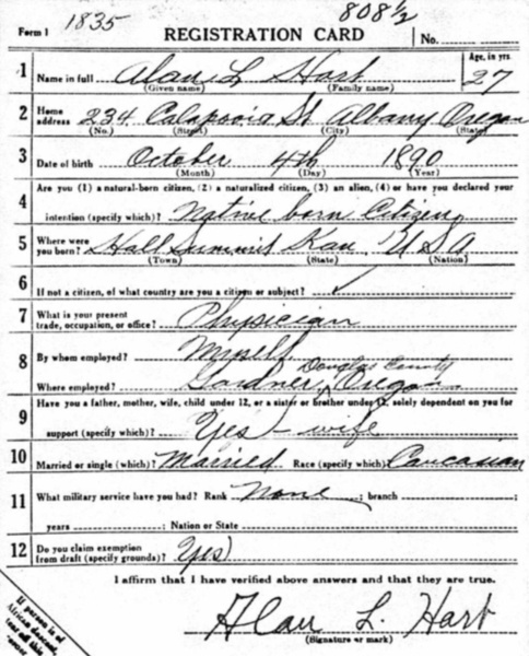 Download the full-sized image of Alan Hart's 1918 draft registration card