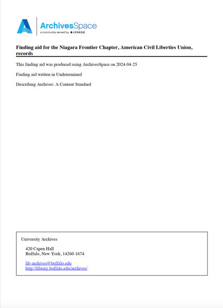 Download the full-sized image of Finding Aid for the Niagara Frontier Chapter, American Civil Liberties Union, Records