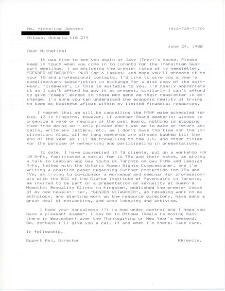 Download the full-sized image of Letter from Rupert Raj to Micheline Johnson (June 24, 1988)