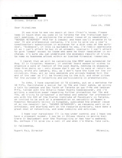 Download the full-sized image of Letter from Rupert Raj to Micheline Johnson (June 24, 1988)