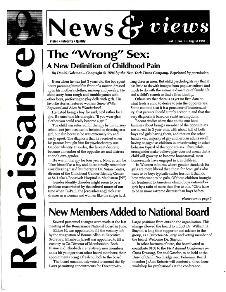 Download the full-sized PDF of Renaissance News & Views, Vol. 8 No. 8 (August 1994)