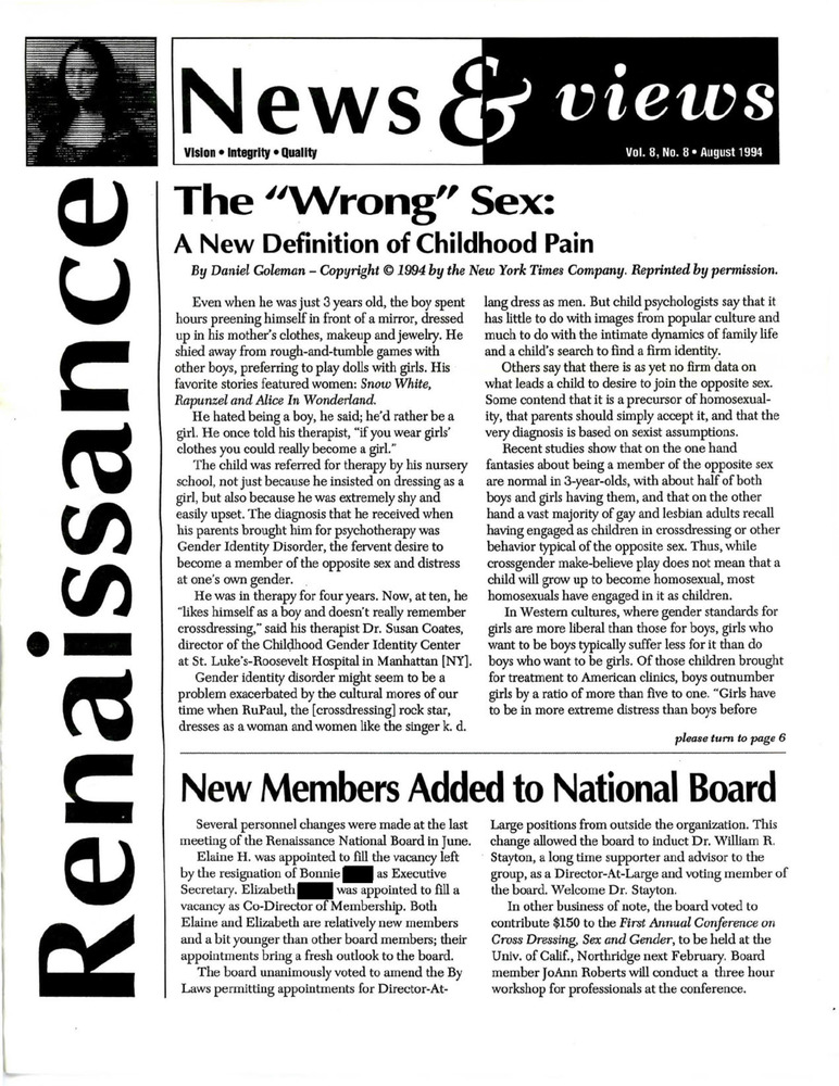 Download the full-sized PDF of Renaissance News & Views, Vol. 8 No. 8 (August 1994)