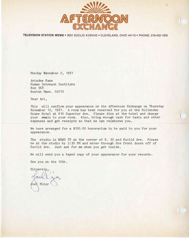 Download the full-sized PDF of Letter from Joel Rizor to Ariadne Kane, November 2, 1981