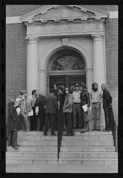 Download the full-sized image of Photographs of Sylvia Rivera and Protesters Gathered in Front of Building