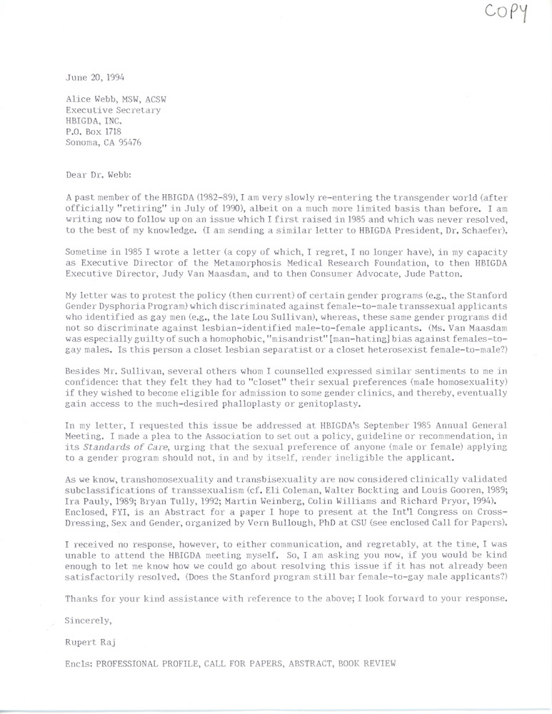 Download the full-sized PDF of Letter from Rupert Raj to Alice Webb (June 20, 1994)