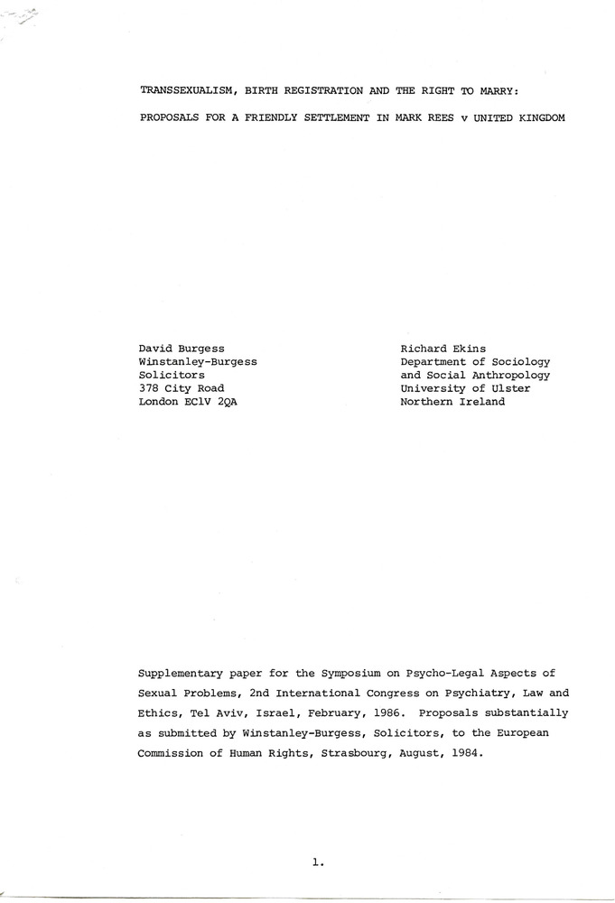 Download the full-sized PDF of Transsexualism, Birth Registration and the Right to Marry: Proposals for a Friendly Settlement in Mark Rees v. United Kingdom