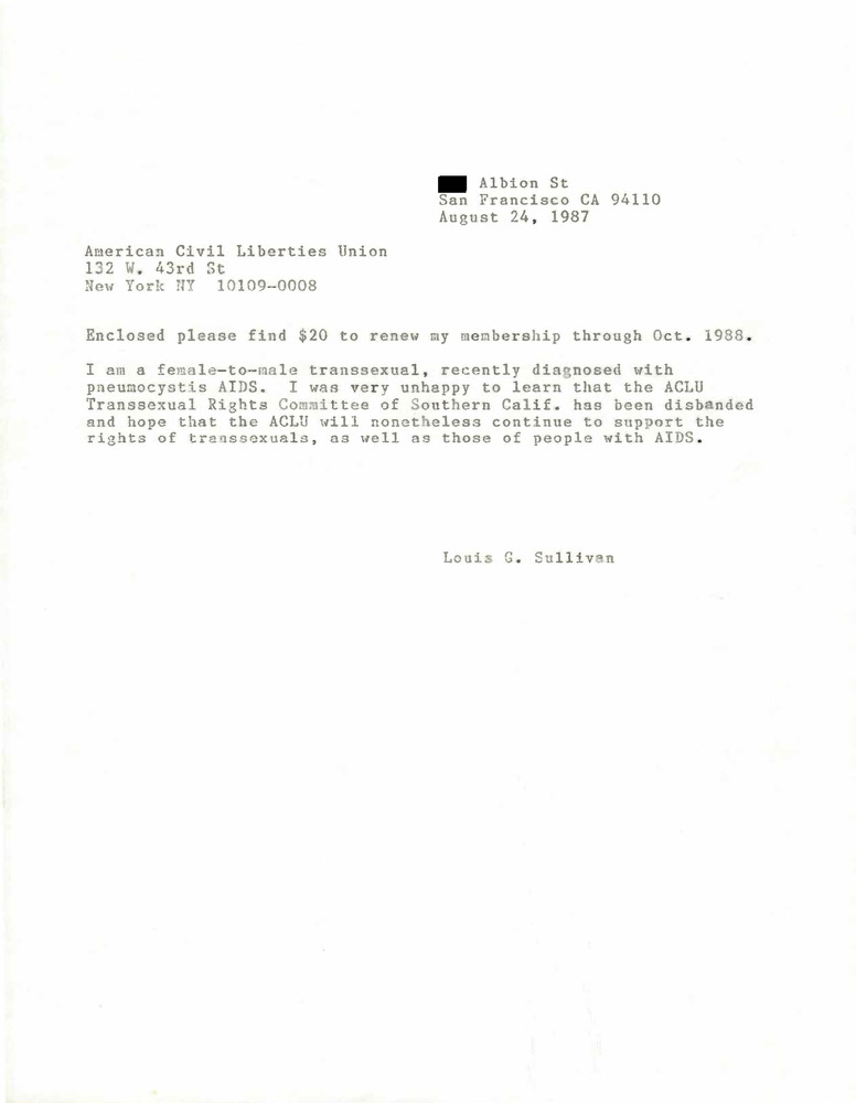 Download the full-sized PDF of Correspondence from Lou Sullivan to ACLU (August 24, 1987)