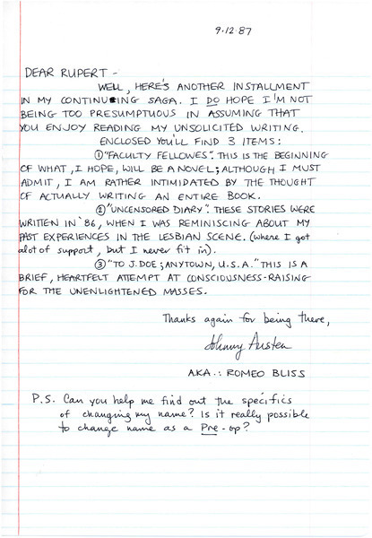 Download the full-sized image of Letter from Johnny Austen to Rupert Raj  (September 12, 1987)