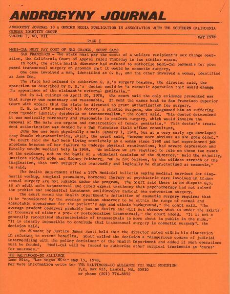 Download the full-sized image of Androgyny Journal, Volume 1, Number 7, May 1978