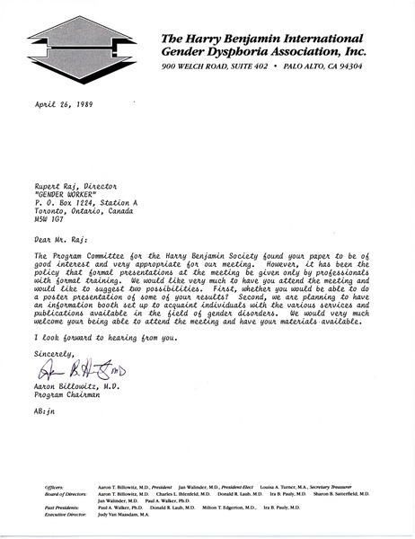 Download the full-sized image of Letter from Aaron Billowitz to Rupert Raj (April 26, 1989)
