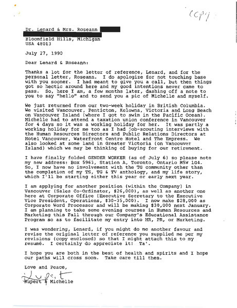 Download the full-sized image of Letter from Rupert Raj to Dr. Lenard and Roseann (July 27, 1990)