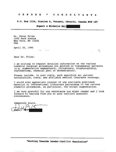 Download the full-sized image of Letter from Rupert Raj to Dr. Peter Fries (April 20, 1990)