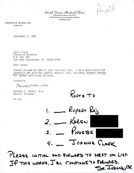 Download the full-sized image of Letter from Dr. Kenneth S. Peters to Joanna Clark (September 3, 1987)