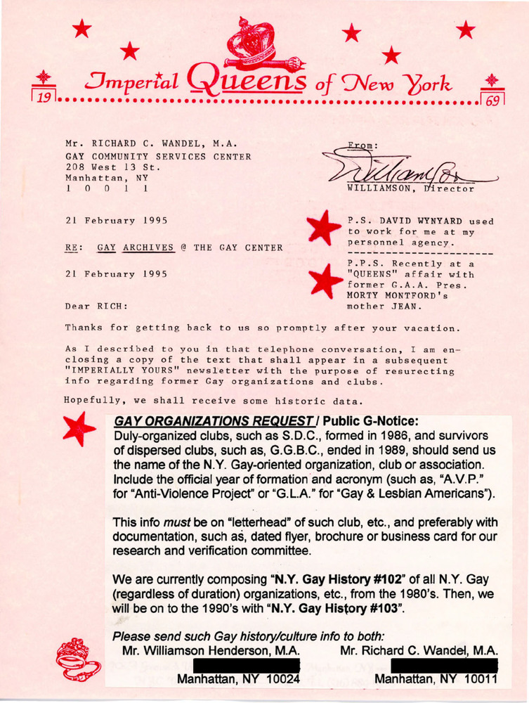 Download the full-sized PDF of Letter from Imperial Queens of New York to the Gay Community Services Center (February 1995)