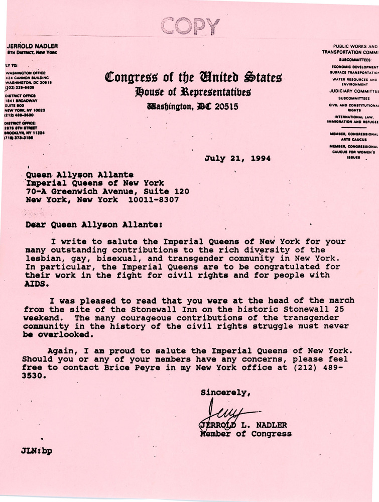 Download the full-sized PDF of Letter from Rep. Jerrold Nadler to Queen Allyson Allante