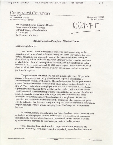 Download the full-sized image of Draft of D'Anne Discrimination complaint to the City of San Francisco