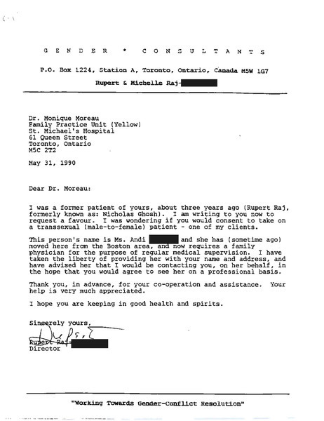 Download the full-sized image of Letter from Rupert Raj to Dr. Monique Moreau (May 31, 1990)