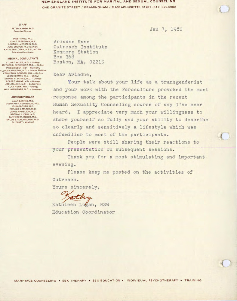 Download the full-sized PDF of Letter from Kathleen Logan to Ariadne Kane, January 7, 1980