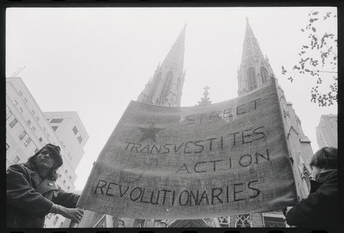 Download the full-sized image of Sylvia Rivera Holding a STAR Sign at St. Patrick's Cathedral Demonstration