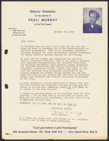 Download the full-sized image of Citizen's Committee for the Election of Pauli Murray Letter of Support