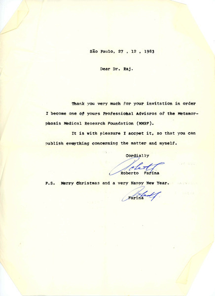 Download the full-sized image of Letter from Roberto Farina to Rupert Raj (December 27, 1983)