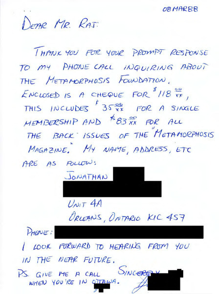 Download the full-sized image of Letter from Jonathan [redacted] to Rupert Raj (March 8, 1988)