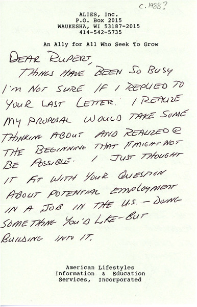 Download the full-sized image of Letter from Dee to Rupert Raj  (1988)