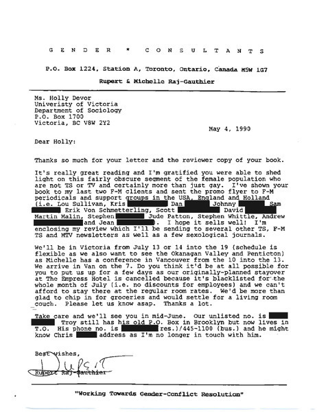 Download the full-sized image of Letter from Rupert Raj to Holly Devor (May 4, 1990)