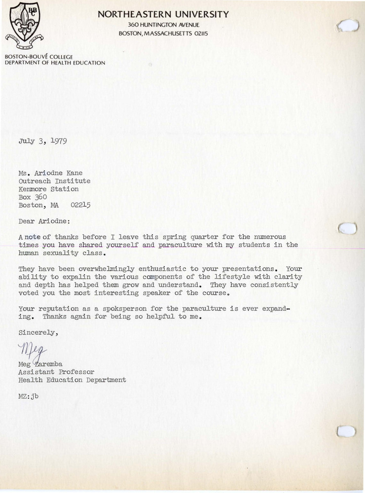 Download the full-sized PDF of Letter from Meg Zeremba to Ariadne Kane, July 3, 1979